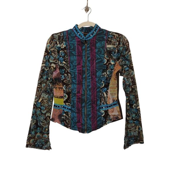 Vintage y2k Full Zip Boho Micromesh Beaded Bell Sleeves Fairy Whimsy Hippie Euro - Picture 1 of 7